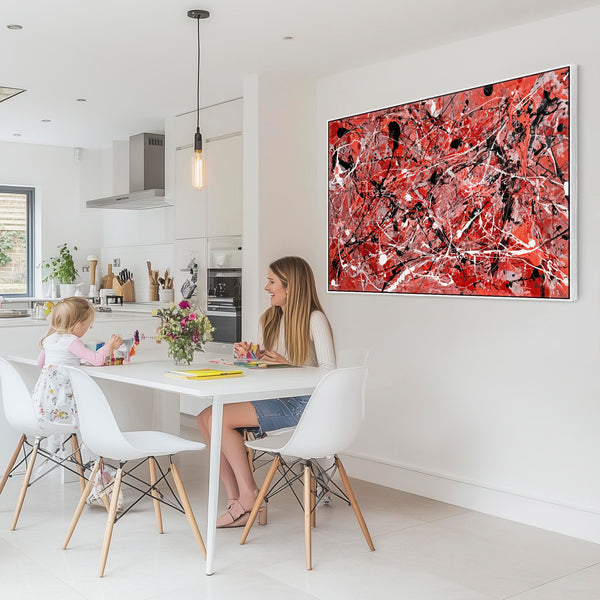 Large Bright Red Black Framed Jackson Pollock Style Canvas Art