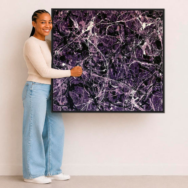 Large Framed Canvas Art XL - Dark Purple Jackson Pollock Style