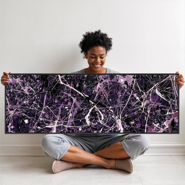 Wide Deep Purple Aubergine Framed Canvas Jackson Pollock Style