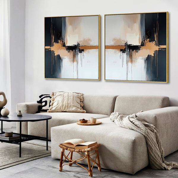 Extra Large Framed Abstract Pair Canvas - Black Gold Panorama