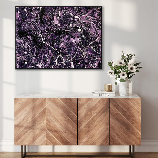 Purple Aubergine Framed Abstract Canvas - Jackson Pollock Style