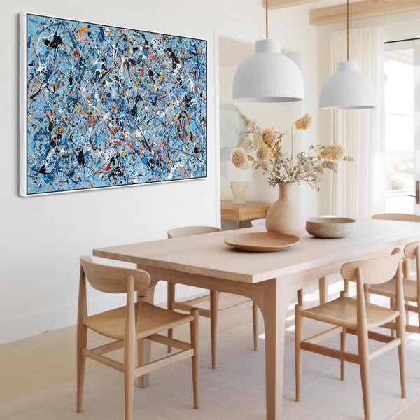 Abstract Framed Wall Art - Jackson Pollock Style Light Blue
