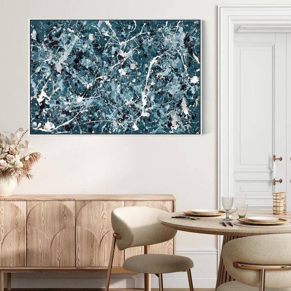 Extra Large Teal Blue Jackson Pollock Inspired Framed Wall Art