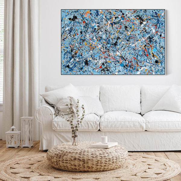 Abstract Framed Wall Art - Jackson Pollock Style Light Blue