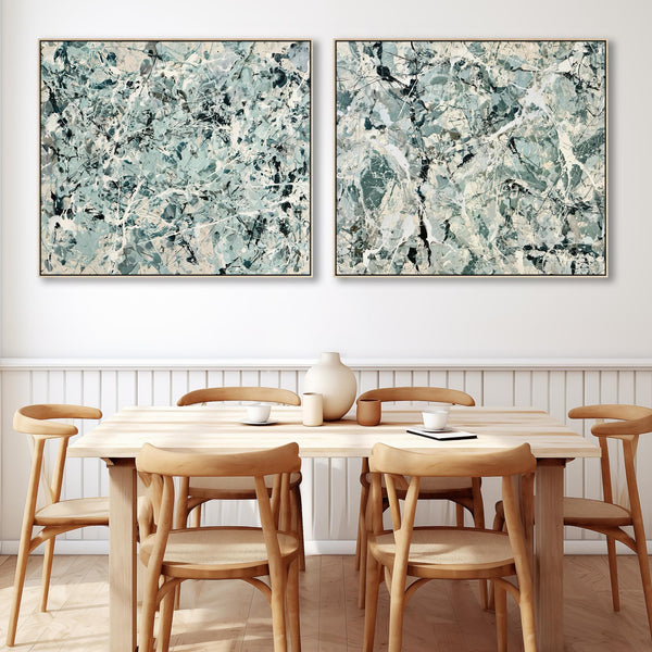 Pair Framed Canvases Sage Green Set 2 Jackson Pollock Inspired