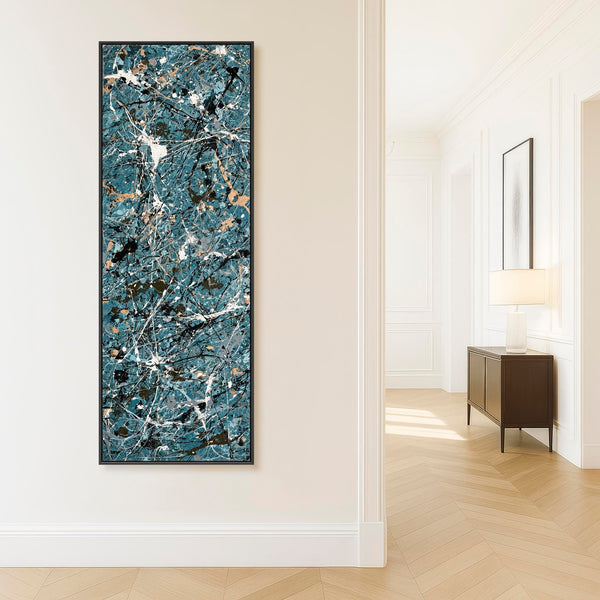Tall Teal Blue Abstract Vertical Wall Art - Pollock Inspired