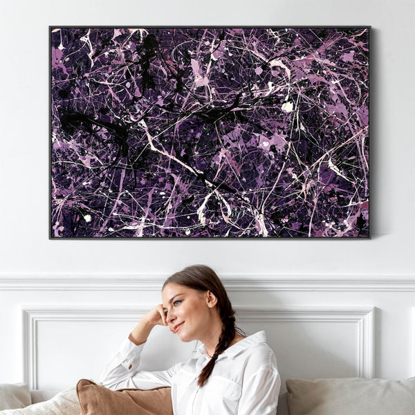 Purple Aubergine Framed Abstract Canvas - Jackson Pollock Style