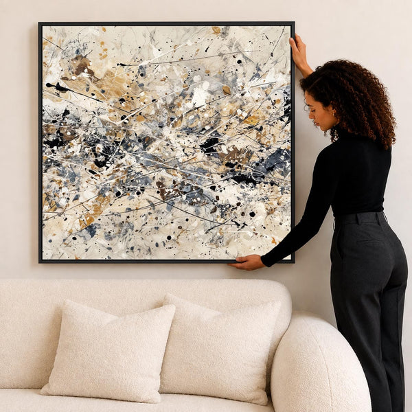 Large Living Room Framed Canvas Neutral Cream Black Lounge Art