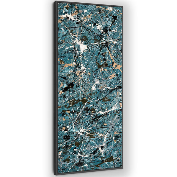 Tall Teal Blue Abstract Vertical Wall Art - Pollock Inspired