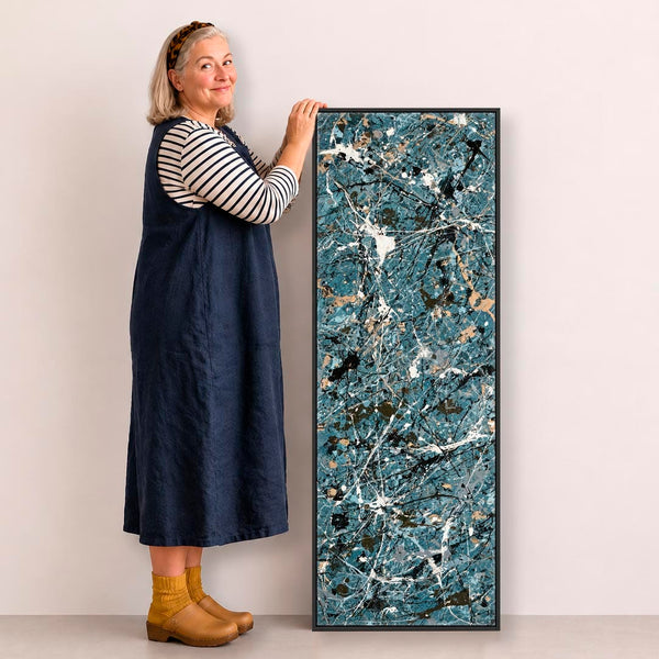 Tall Teal Blue Abstract Vertical Wall Art - Pollock Inspired