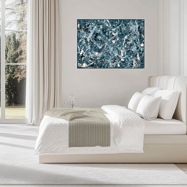 Extra Large Teal Blue Jackson Pollock Inspired Framed Wall Art