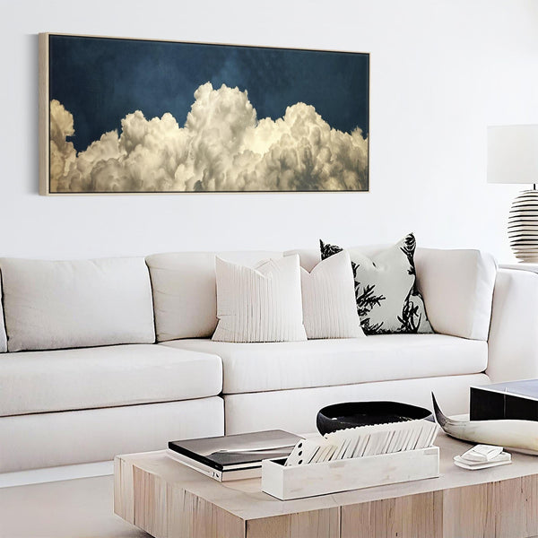 Blue White Abstract Artwork on Canvas Wide Horizontal - Cloud Dreams