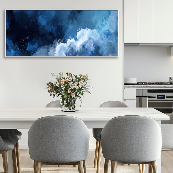 Blue White Abstract Wall Art Framed Canvas Wide Horizontal - Ocean Escape