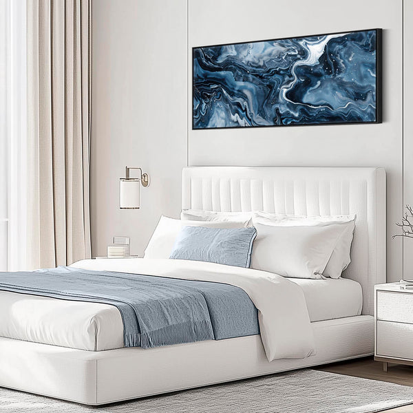 Blue White Abstract Artwork Framed Wide Panoramic - Ocean Sway