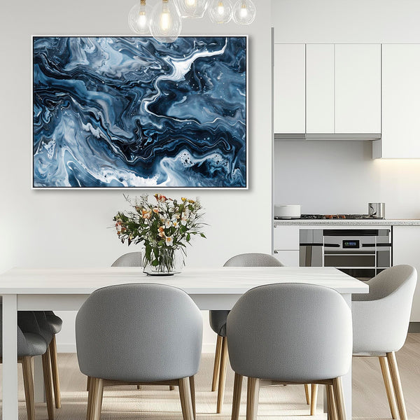 Blue White Framed Abstract Artwork Canvas XL - Deepflow