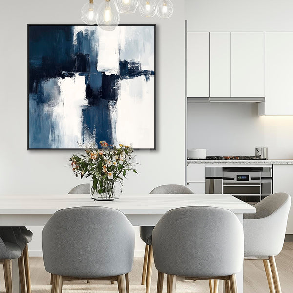 Blue White Abstract Artwork Framed Square XL - Midnight Axis