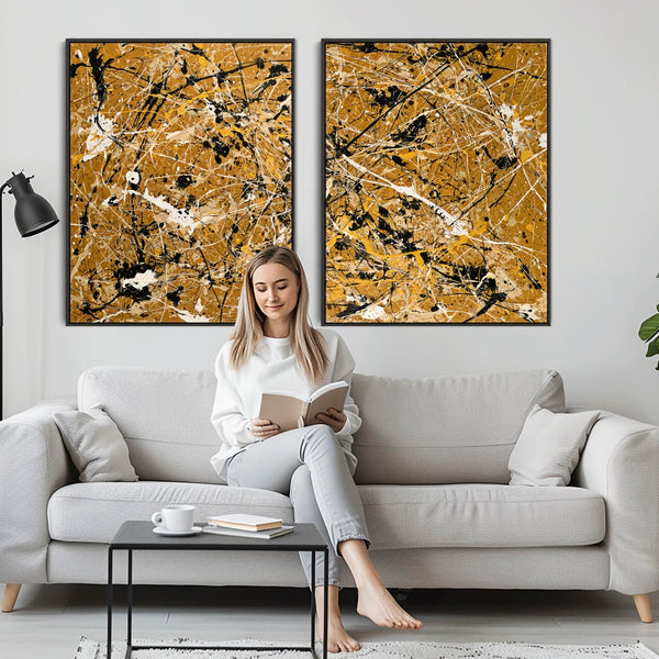 Extra Large Framed Abstract Canvas XL Set of 2 Mustard Yellow