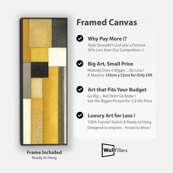 Upright Mustard Yellow Grey Vertical Framed Canvas Wall Art - Narrow Steps