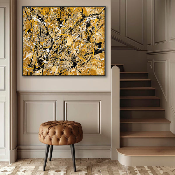 Jackson Pollock Drip Style Art XL Framed Mustard Yellow Canvas