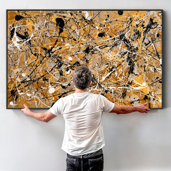 Extra Large Framed Mustard Canvas - Jackson Pollock Style Art