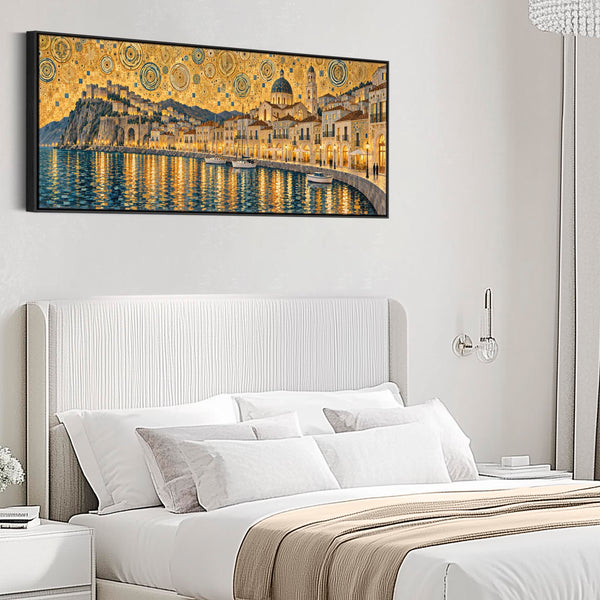 Wide Golden Yellow Blue Framed Canvas Gustav Klimt Harbour Glow