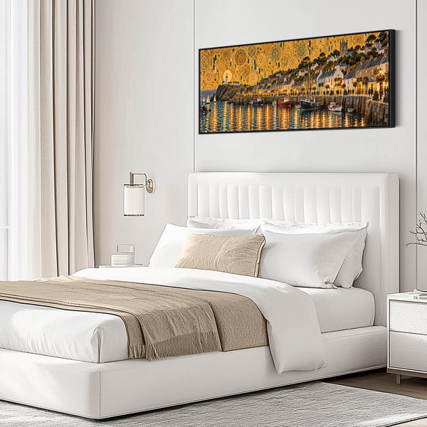 Wide Gustav Klimt inspired Long Wall Art Golden Cornish Harbour