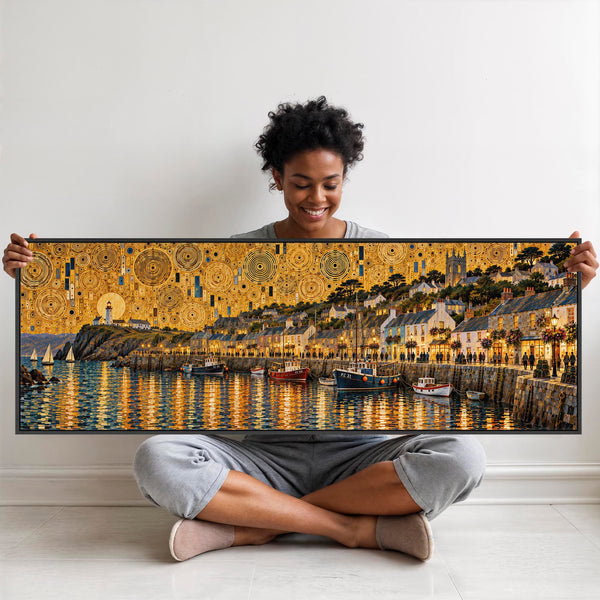 Wide Gustav Klimt inspired Long Wall Art Golden Cornish Harbour