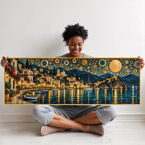 Wide Gustav Klimt inspired Framed Art Golden Blue Greek Harbour
