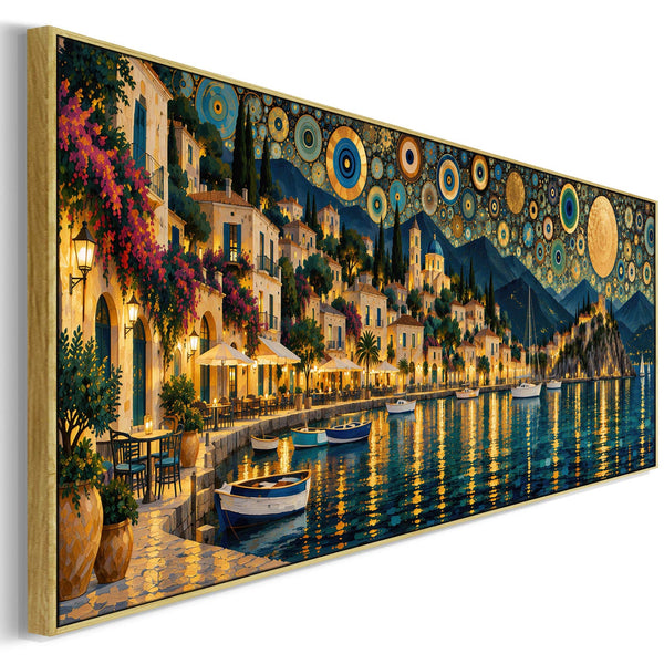 Wide Gustav Klimt inspired Framed Art Golden Blue Greek Harbour