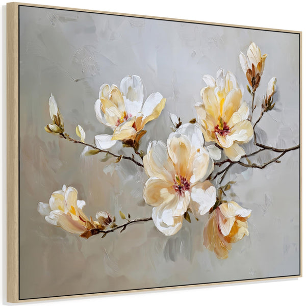 Large Yellow Grey Framed Canvas Wall Art - Magnolia Blossom