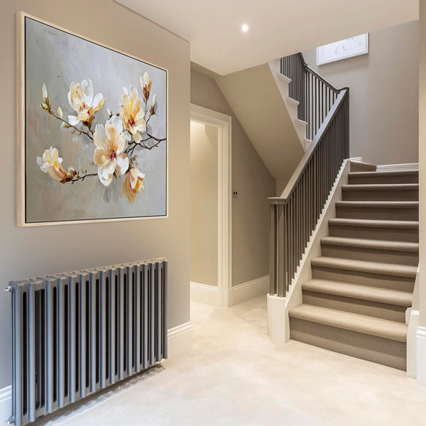 Large Yellow Grey Framed Canvas Wall Art - Magnolia Blossom