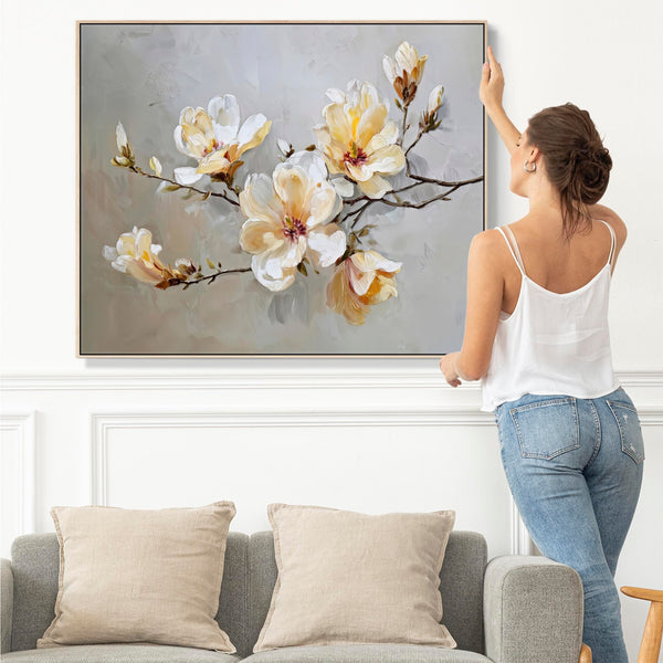 Large Yellow Grey Framed Canvas Wall Art - Magnolia Blossom