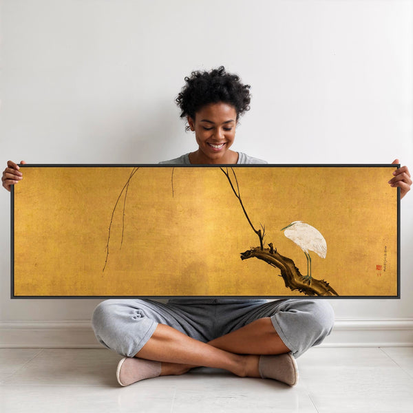 Mustard Yellow Japanese Framed Art Print Canvas Maruyama Okyo - Heron Willow Branch