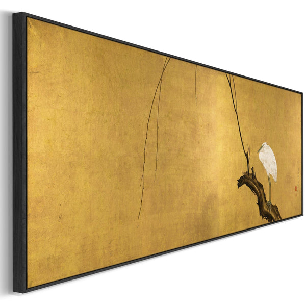 Mustard Yellow Japanese Framed Art Print Canvas Maruyama Okyo - Heron Willow Branch