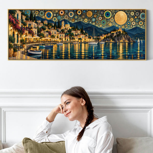 Wide Gustav Klimt inspired Framed Art Golden Blue Greek Harbour