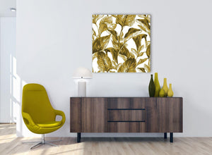 Cheap Mustard Yellow White Tropical Leaves Canvas Modern 79cm Square 1S318L For Your Living Room