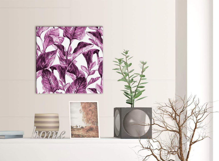 Contemporary Plum Aubergine White Tropical Leaves Canvas Modern 49cm Square 1S319S For Your Bedroom