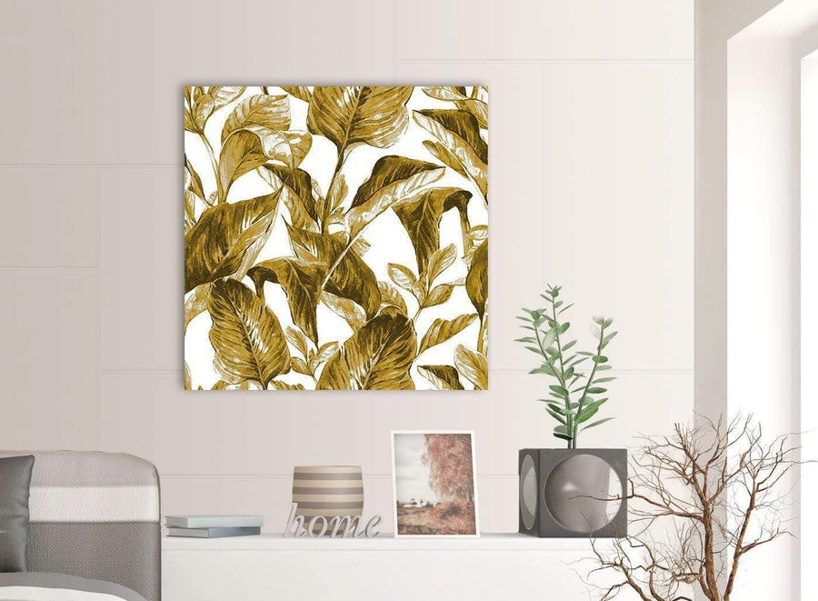 Contemporary Mustard Yellow White Tropical Leaves Canvas Modern 79cm Square 1S318L For Your Dining Room