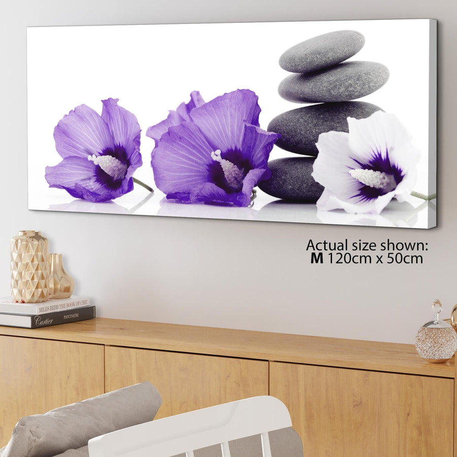 Large Purple Grey White Flowers Zen Stones Floral Canvas Art