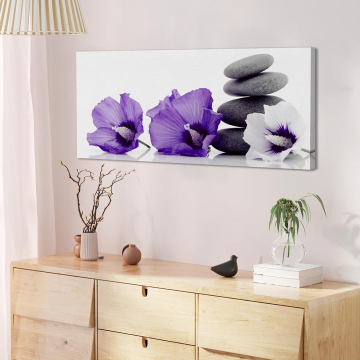 Large Purple Grey White Flowers Zen Stones Floral Canvas Art - 1071