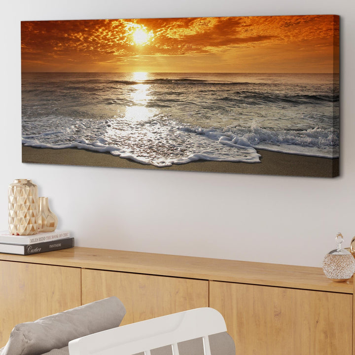 Ocean Sunset Beach Scene View Orange Landscape Canvas - 1152