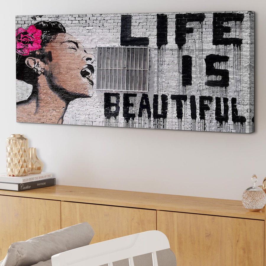 Large Banksy Life is Beautiful - Pink Modern Canvas Art - 120cm - 1232