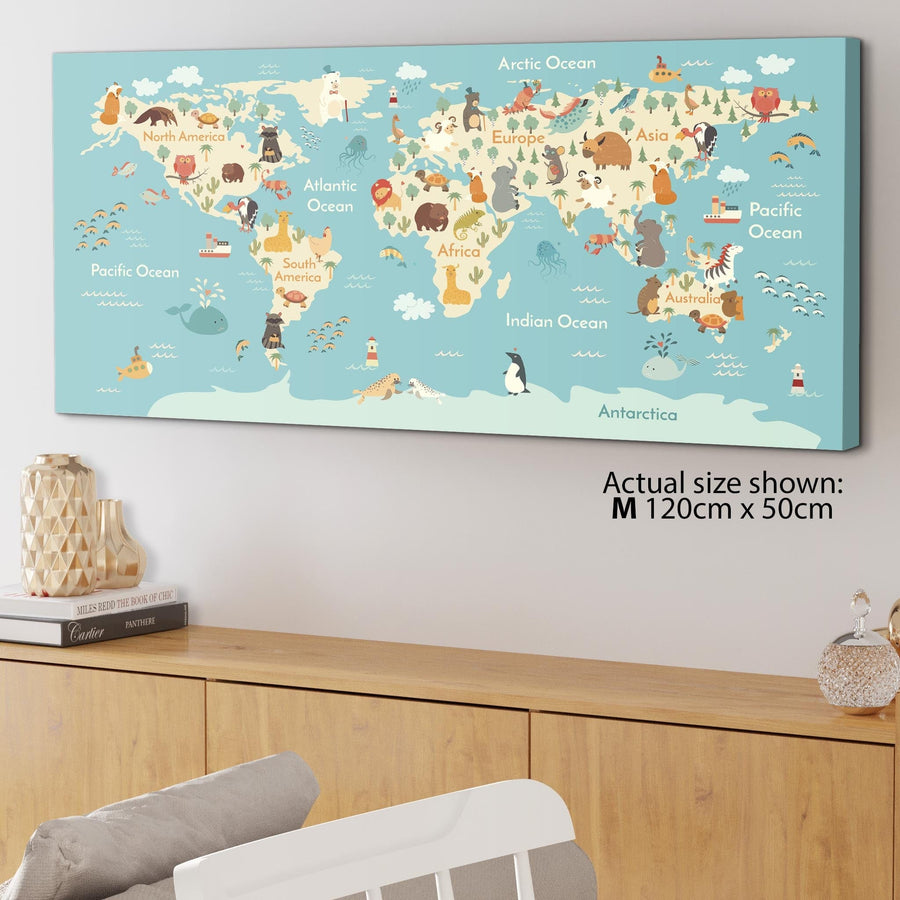 Animal Map of World Atlas Canvas Art for Childrens Nursery - Educational Kids Pictures - 120cm Wide - 1293