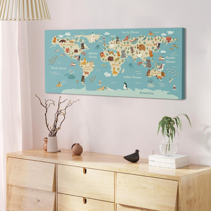 Animal Map of World Atlas Canvas Art for Childrens Nursery - Educational Kids Pictures - 120cm Wide - 1293 - 1293