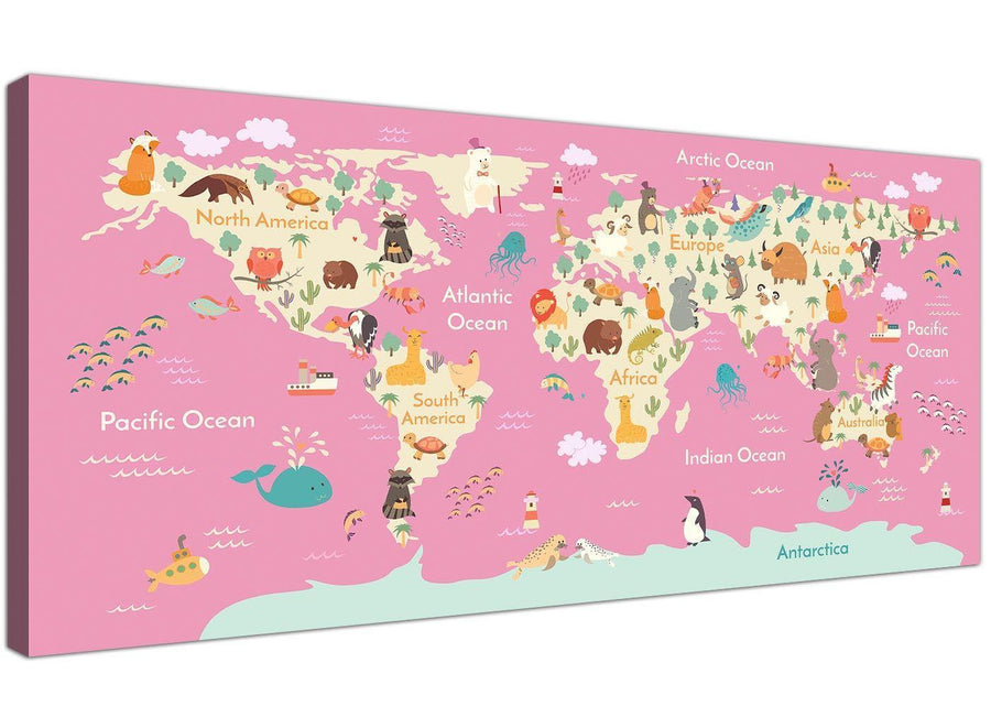 Animal Map of World Atlas Canvas Art for Girls Bedroom - Educational Kids Pictures - 120cm Wide - 1316