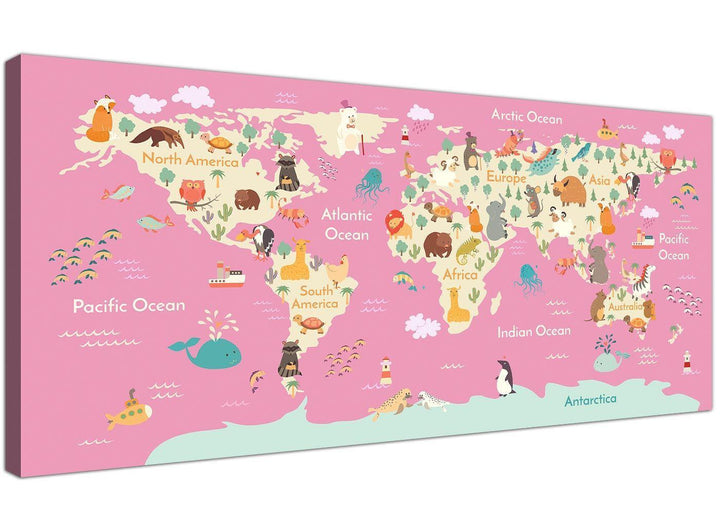 Animal Map of World Atlas Canvas Art for Girls Bedroom - Educational Kids Pictures - 120cm Wide - 1316 - 1316