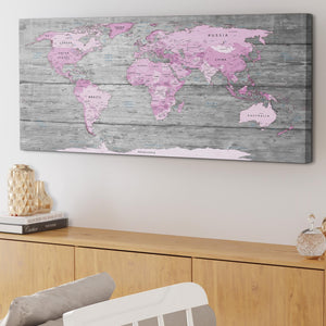 Pink Grey Map of World Atlas Canvas Wall Art Print