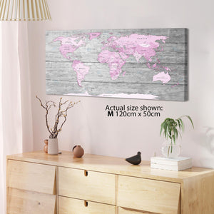 Pink Grey Map of World Atlas Canvas Wall Art Print