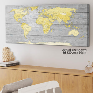 Yellow Grey Map of World Atlas Canvas Wall Art Print
