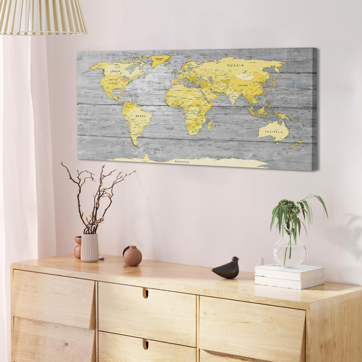 Yellow Grey Map of World Atlas Canvas Wall Art Print - 1305
